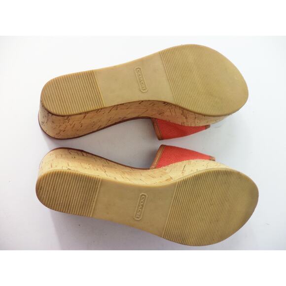 COACH JAZMIN PLATFORM WEDGE RED CANVAS & BROWN LEATHER SLIDE SANDAL SHOE US 9M - Picture 7 of 8